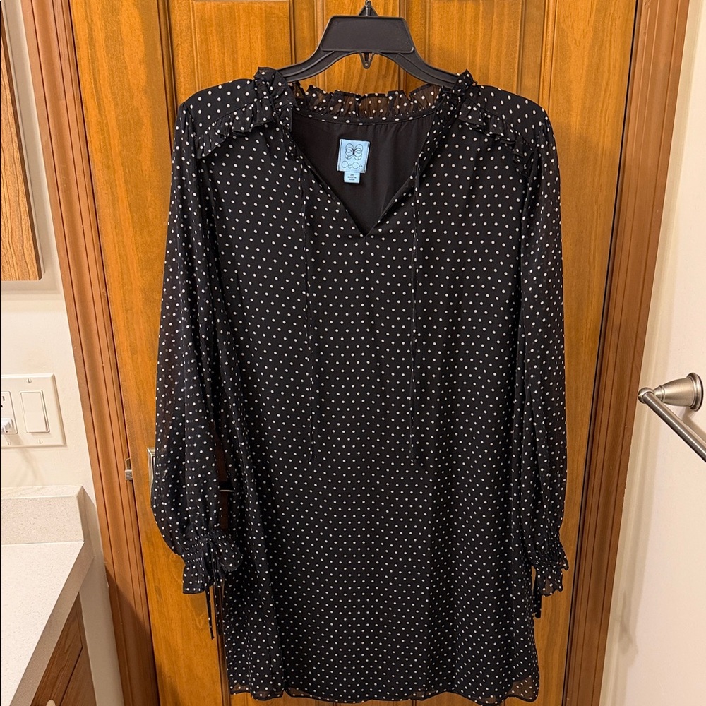 NWT 2X CeCe Black and White Polka Dot Long Sleeve Dress
